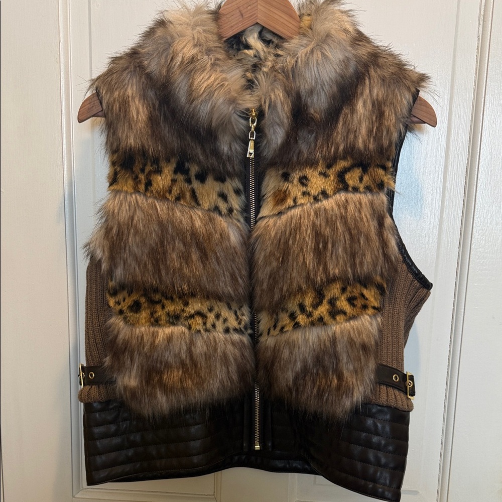 Guess Gold and Brown Faux Fur Vest